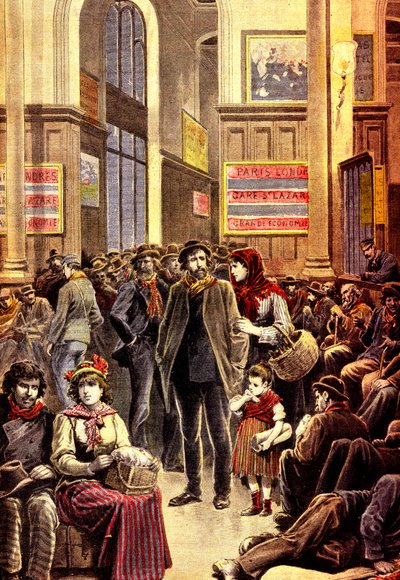 Mart 1896'da Gare Saint Lazare tren istasyonunda Paris'teki İtalyan göçmenler (gravür) by French School