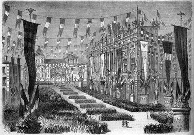 İtalyan birleşmesi, Torino, 2 Nisan 1860: İtalyan parlamentosunun açılışı vesilesiyle kale meydanının (Piazza Castello) dekorasyonu. 14 Nisan 1860 tarihli “” Le Monde Illustré”” n°157