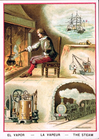 James Watt (1736-1819) ve buharın çeşitli kullanımları by French School