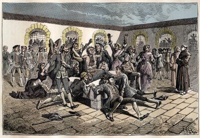 18. yüzyılda Jansenist konvülsiyoner (veya Saint Medard) (Kıvrılma eserleri): “” Hasta ve sakatlar, mucizevi bir şekilde gerizekalı olmak için Saint-Medard