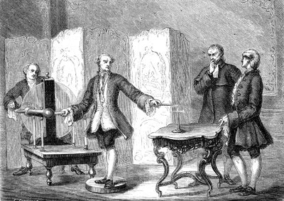 İsviçreli fizikçi Jean JALLABERT (1712-1768), keskin nesnelerdeki elektriği keşfeder (FRANKLIN'in Pointe'nin Gücü). gravür 1867 by French School