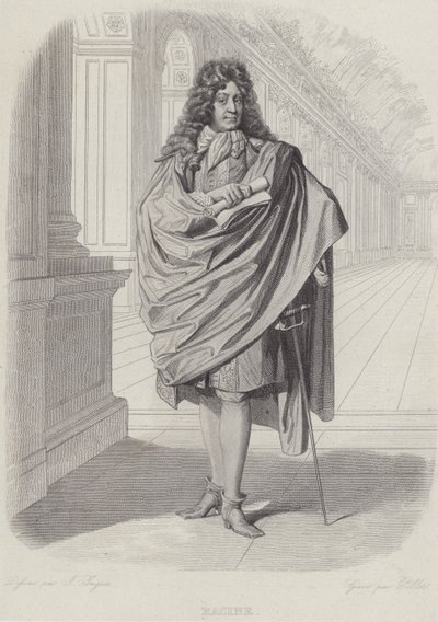 Jean Racine, Fransız oyun yazarı, Versay'daki Aynalar Salonunda (gravür) by French School
