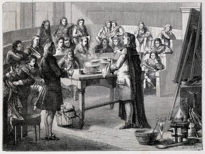 İngiliz kimyager ve fizikçi Joseph Black (1728 - 1799), Glascow Üniversitesi öğrencilerinin önünde gizli kaloriyi deneyimliyor by French School