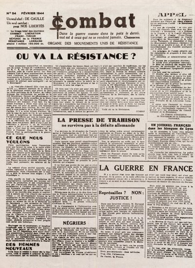 Journal COMBAT - sayı 54 - Şubat 1944 - birleşik direniş hareketlerinin organı. (gizli gazete) - Direniş nereye gidecek by French School