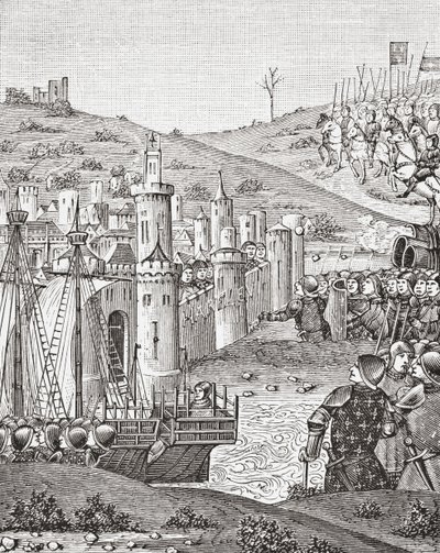 Kral Charles VII, Rouen'den ayrıldıktan sonra, Paul Lacroix pub tarafından Orta Çağ'da Bilim ve Edebiyat'tan 15. yüzyıl el yazması Chroniques de Monstrelet'ten bir minyatürün ardından Harfleur kasabasını kuşatmak için yola çıktı. Londra 187 by French School