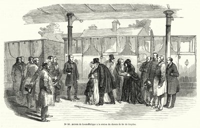 Sürgüne zorlandıktan sonra Croydon tren istasyonuna gelen Fransa Kralı Louis-Philippe, Şubat 1848 (gravür) by French School