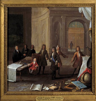 Kral Louis XV (1710-1774) Kardinal Fleury ve Regent Philip II Orleans Dükü (1674-1723) huzurunda bir lecon alan çocuk 18. yüzyılın anonim tablosu, bakır üzerine yağlı boya Dim. 0,23 x 0,23 m Paris, Musee Carnavalet - Öğretimin chi sahnesi by French School