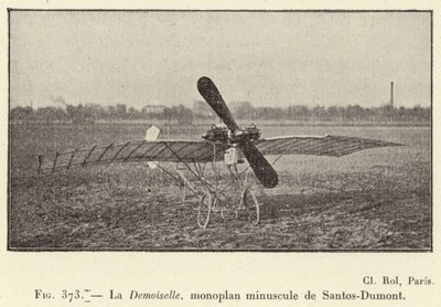 La Demoiselle, Santos-Dumont tasarımı küçük tek kanatlı uçak (gravür) by French School