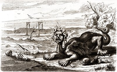 La Frond (1648-1653): İnsan cesetlerinin ve iskeletlerinin üzerinde duran, yılan tüylü korkunç bir hayvan by French School