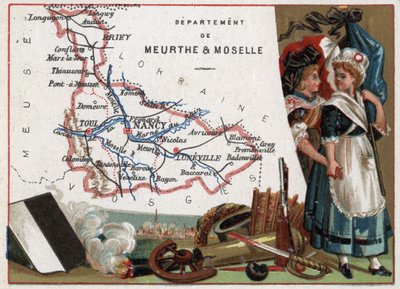 La Meurthe et Moselle (Meurthe-Et-Moselle, 54), Lorraine, Fransa. İki devrimci kadının portresi. Fransız Departmanları Üzerine Diziler. Kromolitografi (Chromo) 1920 dolaylarında “coğrafi konu””. Özel koleksiyon. by French School