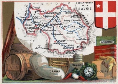 La Savoie (73), Rhone Alpes (Rhone-Alpes), Fransa. Fransız Departmanları Üzerine Diziler. Yerel spesiyaliteler: ceviz yağı, şarap, tahıllar, kirschwasser (kirsch), peynir, gazlı bez ve deri. Kromolitografi (Chromo) 1920 dolaylarında “coğrafi konu””. P by French School