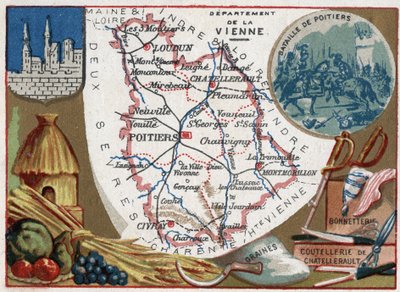 La Vienne (86), Poitou-Charentes (Poitou Charentes), Fransa. Tohumlar, Chatellerault çatal bıçak takımı ve çoraplar. Fransız Departmanları Üzerine Diziler. Kromolitografi (Chromo) 1920 dolaylarında “coğrafi konu””. Özel koleksiyon. by French School
