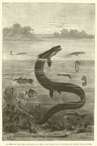 Kretase Denizi boyunca Paris bölgesi, büyük mosasaur saltanatının sonu (gravür) by French School