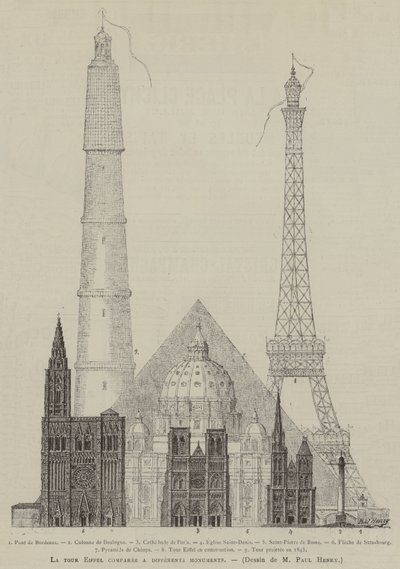 La tour Eiffel comparee a differents monuments (gravür) by French School