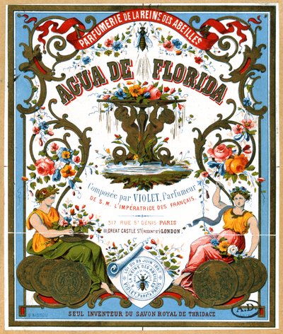 Etiket reklamı Aqua de Florida parfüm dükkanı La Reine des Abeilles, Paris, 2. yarı 19. yüzyıldan parfüm by French School