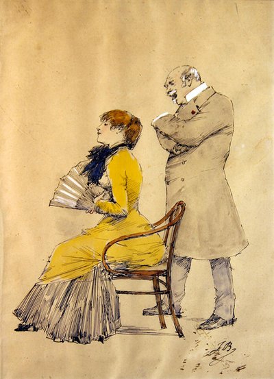 Yelpazeli Kadın ve Beyefendi (kağıt üzerine suluboya, kurşun kalem ve guaj boya) by French School