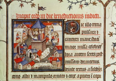 Lat 962 f.264 Bir piskoposun minyatürü, Haziran ayında St. Denis ovalarında iki hafta boyunca düzenlenen yıllık panayır veya pazarı kutsayan bir papazdan, 1301-1400 by French School