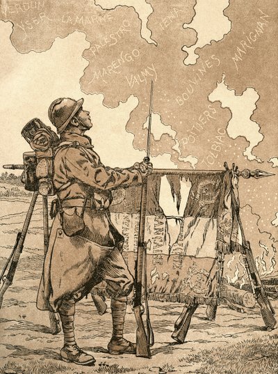 Le Bluet. Birinci Dünya Savaşı gazileri ve kurbanları için Fransa'da hatıra ve dayanışma sembolü. 1. Dünya Savaşı Fransız propaganda illüstrasyonu, çağlar boyunca Fransız zaferlerini çağrıştırıyor. Agenda Buvard du Bon Marche'tan 1917'de yayınl by French School