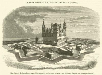 Cronsborg Kalesi, Seeland adasında, Sund üzerinde, kuşbakışı görünüm (gravür) by French School