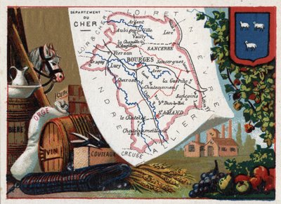 Le Cher (18), Merkez, Fransa. Fransız Departmanları Üzerine Diziler. Bira, arpa, deri, şarap ve bıçaklar. Kromolitografi (Chromo) 1920 dolaylarında “coğrafi konu””. Özel koleksiyon. by French School