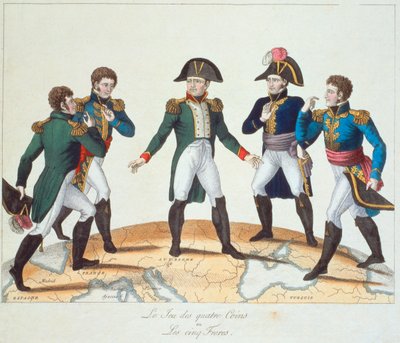 Le Jeu des Quatre Paraları veya Les Cinq Freres, Napolyon ve kardeşlerini tasvir eden Bonapartist karikatür, 1808 by French School