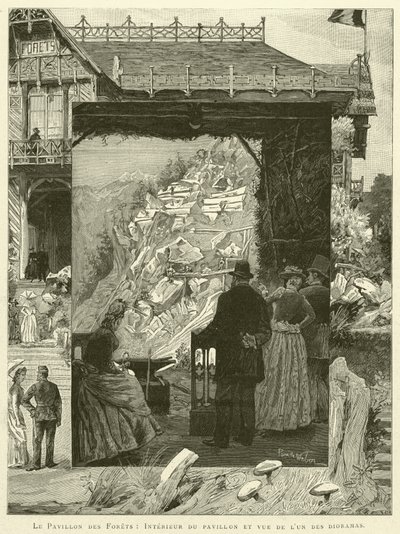 Le Pavillon des Forets, Pavyonun içi ve dioramalardan birinin görünümü (gravür) by French School