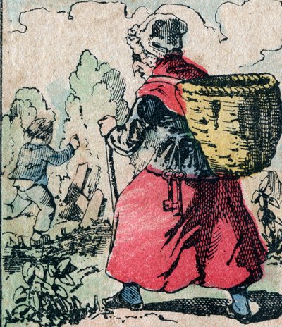 Le Pere Fouettard, kırbaçlanan baba için fransız karakteri, yaramaz çocukları cezalandıran efsanevi folklor figürü: karısı, okulu asan çocukların peşinden koşan kırbaçlanan anne La Mere Fouettard - Epinal resim by French School
