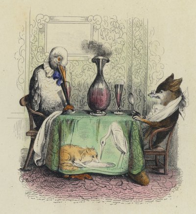 Tilki ve Leylek (renkli gravür) by French School