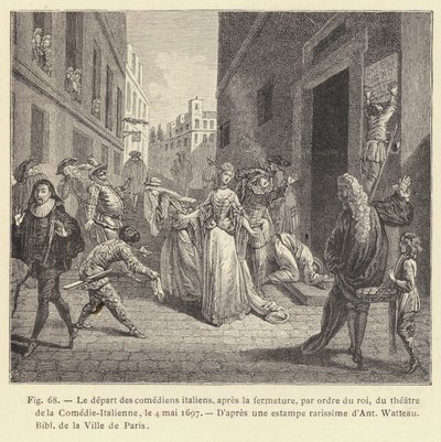 İtalyan aktörlerin, kralın emriyle Comedie-Italienne tiyatrosunun kapanmasından sonra ayrılması, 4 Mayıs 1697 (gravür) by French School