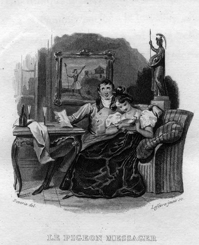Fransız şair ve söz yazarı Pierre Jean de Beranger (1780-1857) tarafından “Oeuvres tamamlıyor” (1834) adlı eserinde haberci güvercin Chanson de Beranger. by French School