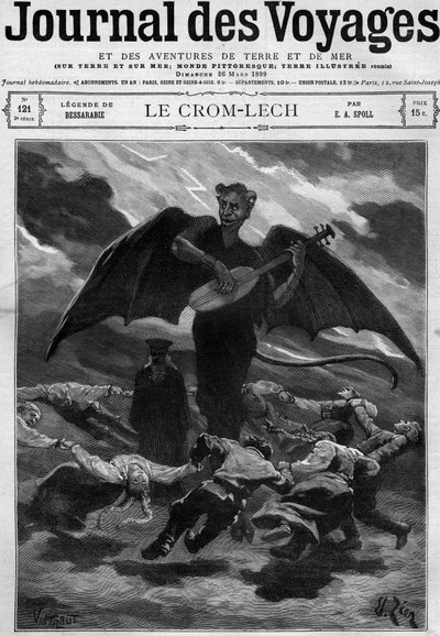 Besarabya Efsanesi (Doğu Avrupa): Crom Lech (Crom-Lech). Balalayka oynayan Şeytan, dansçıları sonsuz bir rauntta eğitir. 26 Mart 1899 tarihli Journal des Voyages dergisindeki gravür. by French School