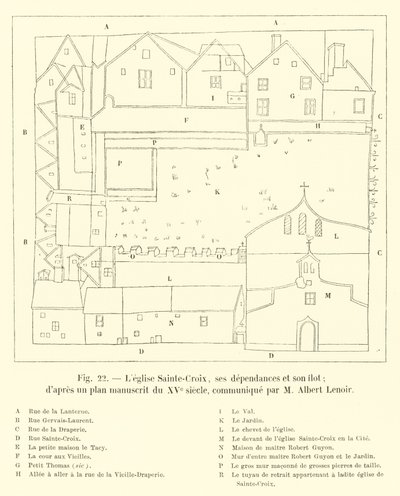 Sainte-Croix Kilisesi, müştemilatları ve adası; M Albert Lenoir tarafından iletilen 15. yüzyılın el yazısı planına göre by French School
