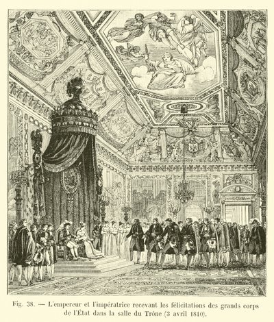 İmparator ve İmparatoriçe, Devletin büyük organlarının Taht odasında tebriklerini alırken, 3 Nisan 1810 by French School