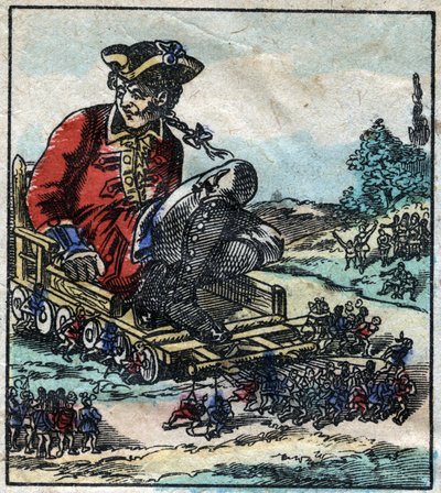Bir mahkum olan Lemuel Gulliver, Lilliputians tarafından çekilen bir arabaya taşınır. Jonathan Swift (1667-1745) tarafından “” Gulliver