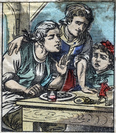 Lemuel Gulliver, Brobdingnag devlerinin ülkesinde Glumdalclitch ailesinin masasında. Jonathan Swift (1667-1745) tarafından “” Gulliver