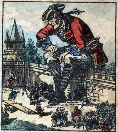 Şehrin sur duvarında oturan Lemuel Gulliver, stratejiyi Lilliput ordusuna açıklıyor. Jonathan Swift (1667-1745) tarafından “” Gulliver
