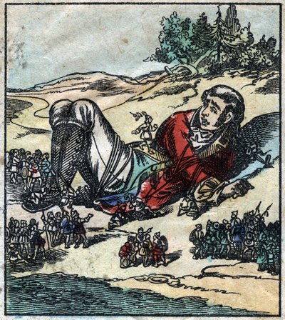 Lemuel Gulliver, gemi kazasından sonra uyandı ve Lilliputlular tarafından esir alındı. Jonathan Swift (1667-1745) tarafından “” Gulliver