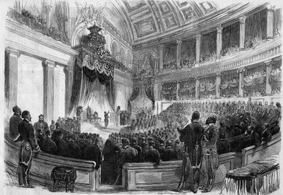 Belçika Kralı II. Leopold (1835-1909), 1865'te devletin büyük organları önünde yemin etti. by French School