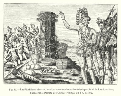 Rene de Laudonniere tarafından dikilen anıt sütuna tapan Floridalılar; Th de Bry