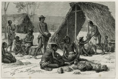 Les Indiens Galibis (veya Kalinas) çanak çömlek yapıyor, D.Maillart tarafından gravür, Guiana
