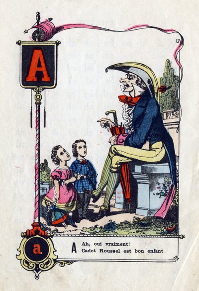 A harfi olarak “” Ah evet gerçekten Harbiyeli Rousel bir çocuktur”” Şanlı sözlerde çizgi roman alfabesi (abecedary). Epinal