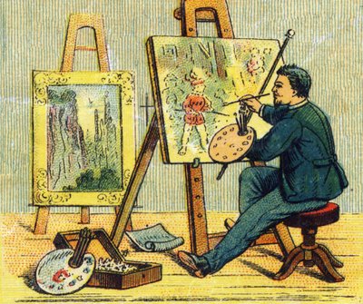 A harfi: ressam stüdyosunda. "Vernikli tuval üzerine silinemez ABC" gravürü. A. Capendu, editör, Paris, 19. yüzyıl sonu. Resimli çocuk kitapçısı. 8 sayfa. Karartma: 21,5x18cm . by French School