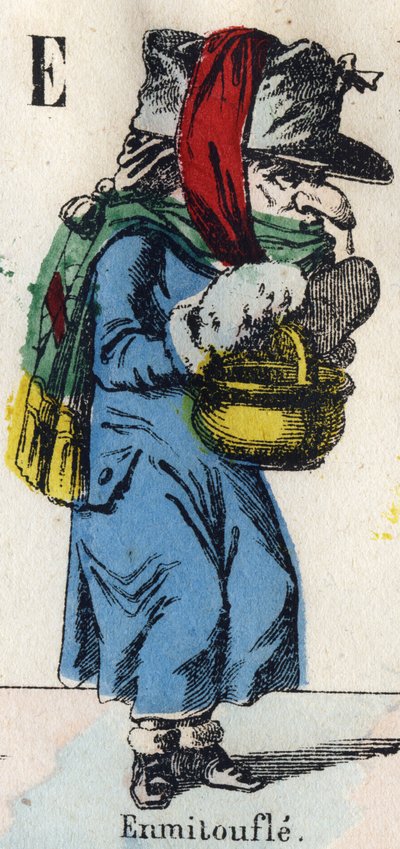 E Harfi: Wrap (Kürk ve kumaşları sıcak tutmak için sarın). “” Çizgi Roman Alfabesi”nde gravür. Yeni Epinal görüntüleme. Litografi Pinot et Sagaire, editörler, 1860 ve 1888 arası. Levha n°491 25 ışıklı harfle. Karartma: 40,5x28cm. Özel koleksiyon by French School