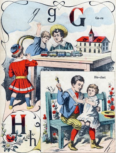 G H harfi: istasyon ve çıngırak. "ABC des joux pour petits boys" daki gravür. Pont-a-Mousson