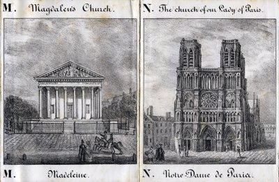M harfi Madeleine ve N Notre-Dame de Paris (Notre Dame de Paris) - "Alphabet Picturesque des Monumens de Paris" c.1840 (gravür) by French School