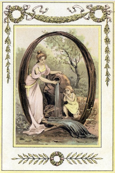Bir anne ve oğlunun ilkbahardan içme suyunu temsil eden Q harfi, 19. yüzyılın sonları (kromolitograf) by French School