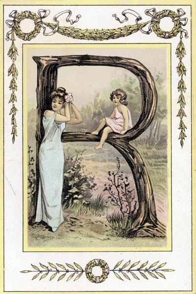 19. yüzyılın sonlarında bir anne ve kızı temsil eden R harfi (kromolitograf) by French School