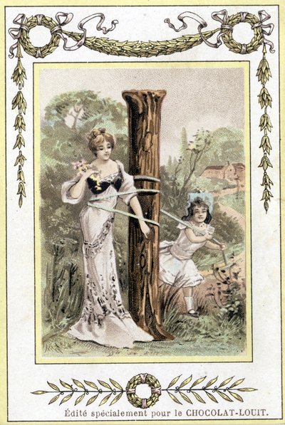 19. yüzyılın sonlarında oynayan bir anne ve kızı temsil eden mektup (kromolitograf) by French School