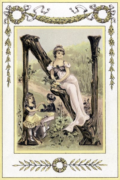 19. yüzyılın sonlarında dans eden bir anne ve çocuklarını temsil eden mektup (kromolitografi) by French School