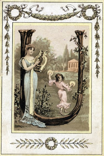 Lir çalan bir anneyi ve timpani ile dans eden kızını temsil eden mektup, 19. yüzyılın sonlarında (kromolitograf) by French School